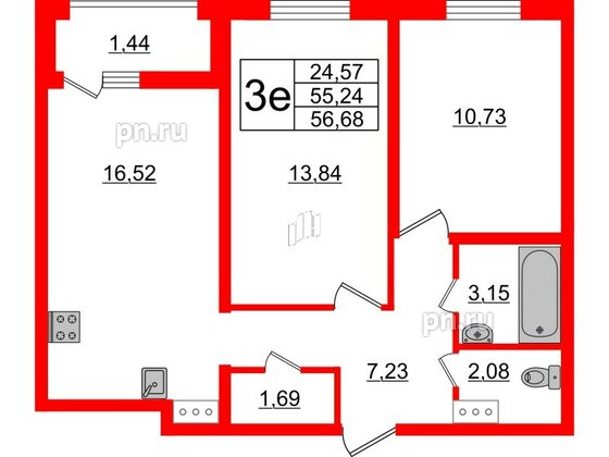 Квартира в ЖК ЭТАЛА, 2 комнатная, 56.68 м², 9 этаж