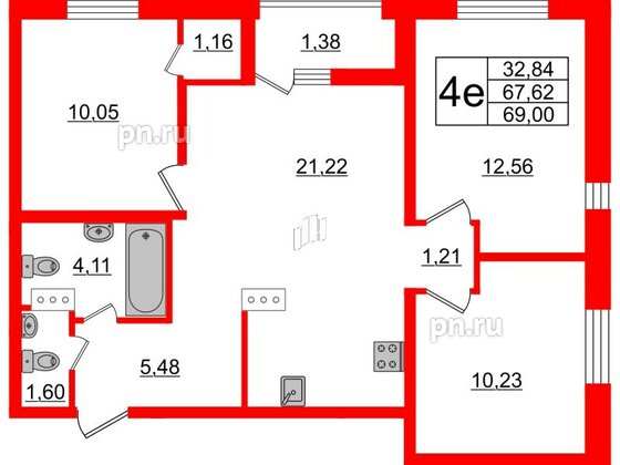 Квартира в ЖК ЭТАЛА, 3 комнатная, 69 м², 4 этаж