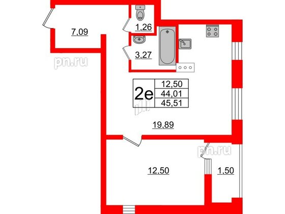 Квартира в ЖК ЭТАЛА, 1 комнатная, 45.51 м², 3 этаж