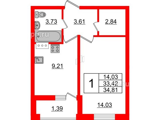 Квартира в ЖК ЭТАЛА, 1 комнатная, 34.81 м², 5 этаж