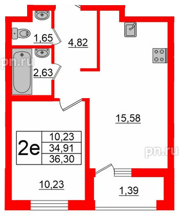 Квартира в ЖК ЭТАЛА, 1 комнатная, 36.3 м², 2 этаж