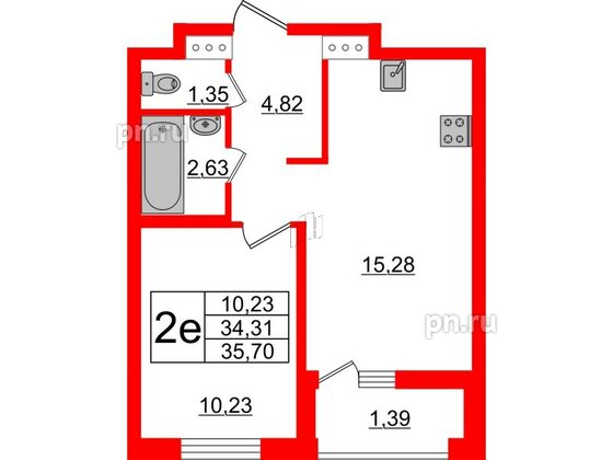 Квартира в ЖК ЭТАЛА, 1 комнатная, 35.7 м², 3 этаж