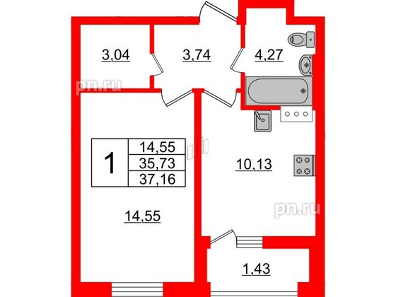 Квартира в ЖК ЭТАЛА, 1 комнатная, 37.16 м², 3 этаж