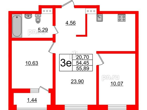 Квартира в ЖК ЭТАЛА, 2 комнатная, 55.89 м², 5 этаж