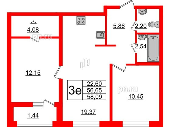 Квартира в ЖК ЭТАЛА, 2 комнатная, 58.09 м², 2 этаж