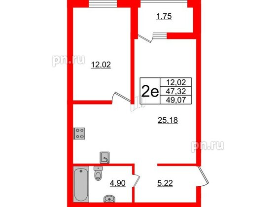 Квартира в ЖК ЭТАЛА, 1 комнатная, 49.07 м², 2 этаж