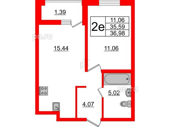 Квартира в ЖК ЭТАЛА, 1 комнатная, 36.98 м², 2 этаж