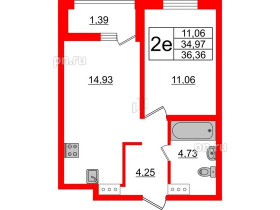 Квартира в ЖК ЭТАЛА, 1 комнатная, 36.36 м², 5 этаж