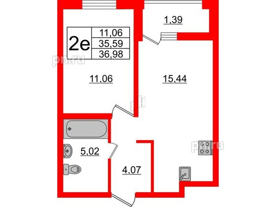 Квартира в ЖК ЭТАЛА, 1 комнатная, 36.98 м², 2 этаж