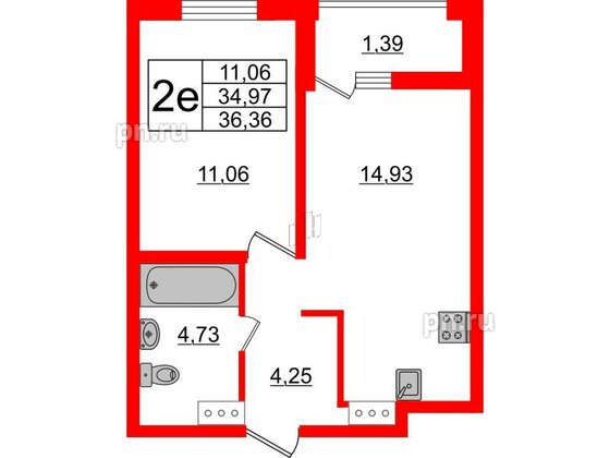 Квартира в ЖК ЭТАЛА, 1 комнатная, 36.36 м², 5 этаж