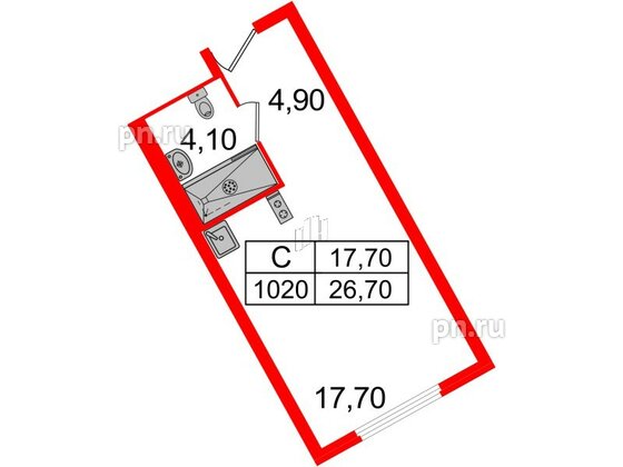 Апартаменты в ЖК ARTStudio M103, студия, 26 м², 10 этаж