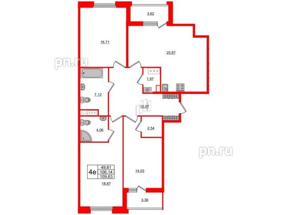 Квартира в ЖК Панорама парк Сосновка, 3 комнатная, 104.9 м², 3 этаж