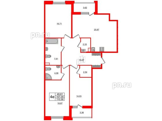 Квартира в ЖК Панорама парк Сосновка, 3 комнатная, 105.1 м², 2 этаж