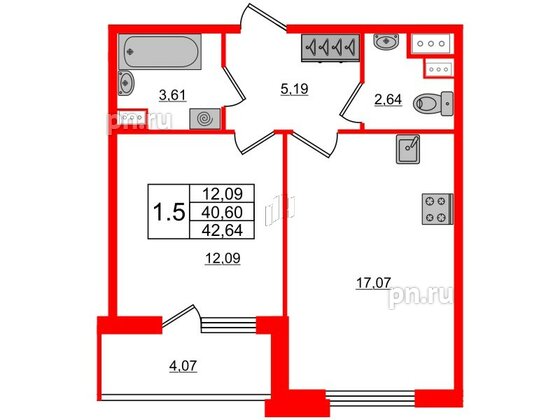 Квартира в ЖК Панорама парк Сосновка, 1 комнатная, 40.1 м², 2 этаж