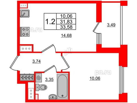 Квартира в ЖК Панорама парк Сосновка, 1 комнатная, 31.83 м², 11 этаж