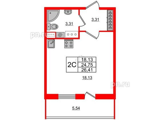 Квартира в ЖК Панорама парк Сосновка, студия, 24.75 м², 6 этаж