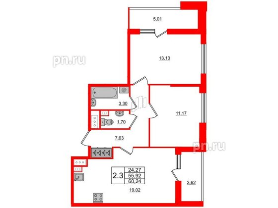 Квартира в ЖК Панорама парк Сосновка, 2 комнатная, 55.92 м², 10 этаж