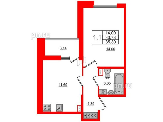 Квартира в ЖК Панорама парк Сосновка, 1 комнатная, 33.73 м², 1 этаж