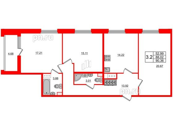 Квартира в ЖК Панорама парк Сосновка, 3 комнатная, 86.1 м², 7 этаж