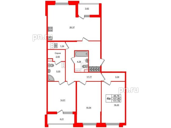 Квартира в ЖК Панорама парк Сосновка, 3 комнатная, 106.3 м², 6 этаж