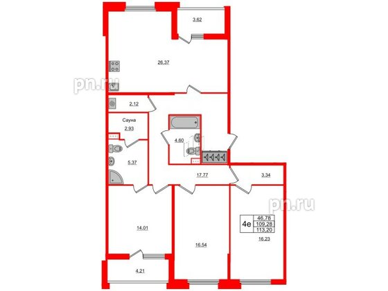 Квартира в ЖК Панорама парк Сосновка, 3 комнатная, 107.6 м², 3 этаж