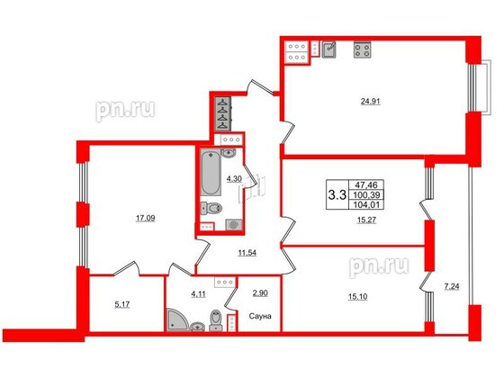 Квартира в ЖК Панорама парк Сосновка, 3 комнатная, 98.9 м², 8 этаж