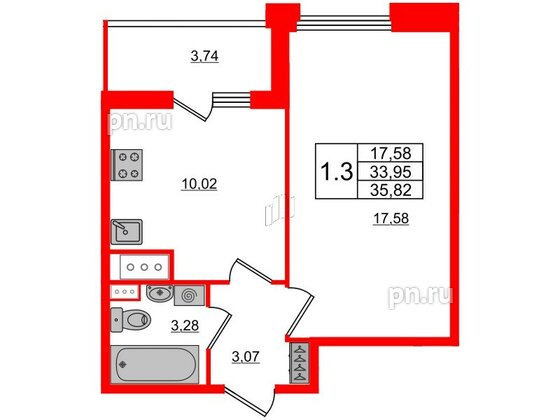 Квартира в ЖК Панорама парк Сосновка, 1 комнатная, 32.8 м², 5 этаж