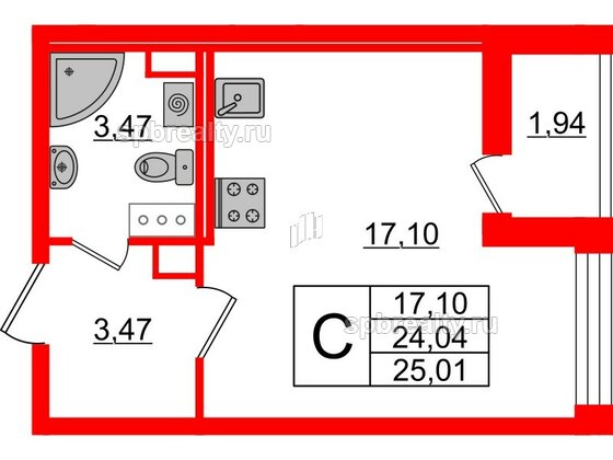 Квартира в ЖК Cube, студия, 25.01 м², 13 этаж