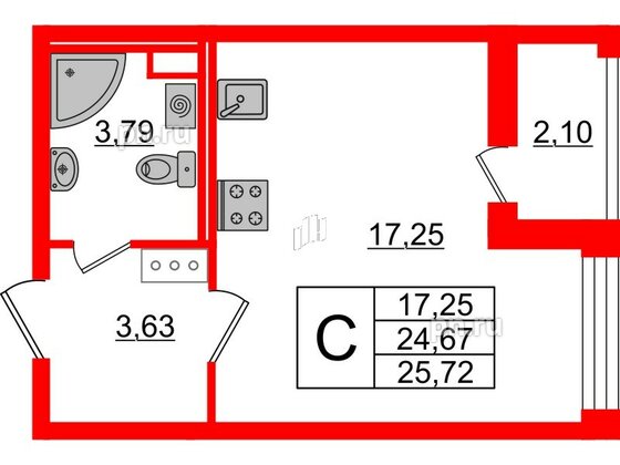 Квартира в ЖК Cube, студия, 25.72 м², 9 этаж