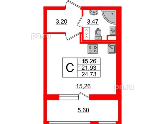 Квартира в ЖК Cube, студия, 24.73 м², 6 этаж