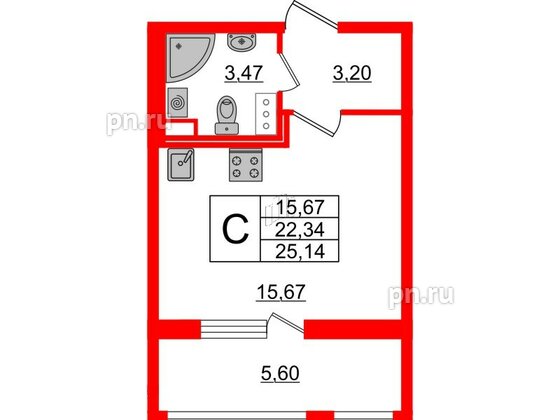 Квартира в ЖК Cube, студия, 25.14 м², 11 этаж