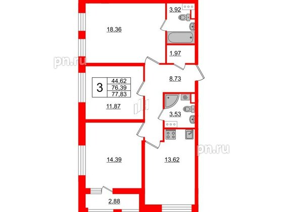 Квартира в ЖК Cube, 3 комнатная, 77.83 м², 10 этаж