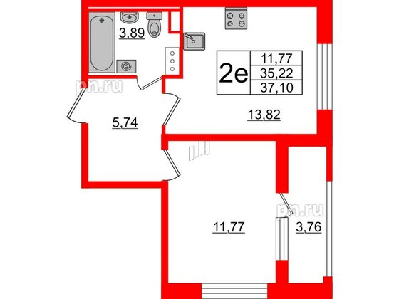 Квартира в ЖК Cube, 1 комнатная, 37.1 м², 4 этаж