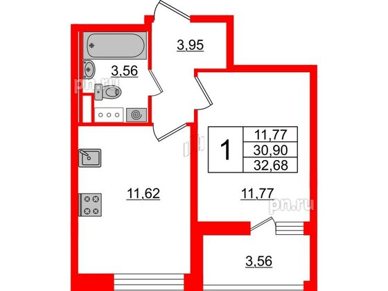 Квартира в ЖК Cube, 1 комнатная, 32.68 м², 10 этаж