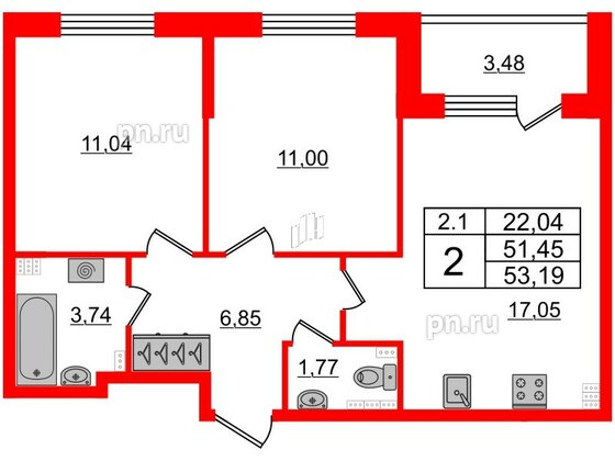 Квартира в ЖК «Парадный ансамбль», 2 комнатная, 51.45 м², 4 этаж