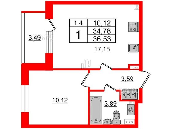 Квартира в ЖК 'Парадный ансамбль', 1 комнатная, 34.78 м², 3 этаж