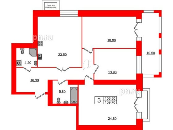 Квартира в ЖК Листва, 3 комнатная, 109.7 м², 3 этаж