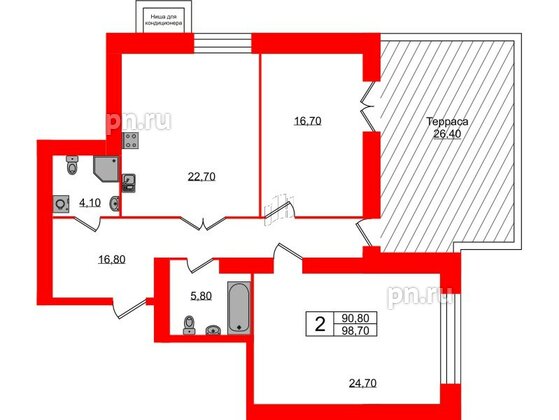 Квартира в ЖК Листва, 2 комнатная, 98.7 м², 12 этаж