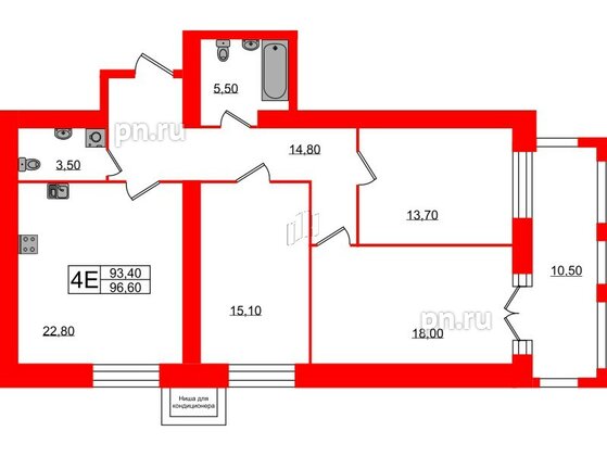 Квартира в ЖК Листва, 3 комнатная, 96.6 м², 10 этаж