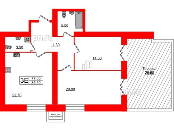 Квартира в ЖК Листва, 2 комнатная, 85.5 м², 12 этаж