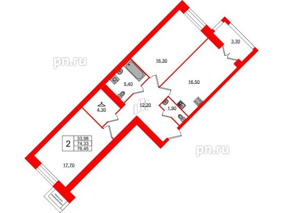 Квартира в ЖК Листва, 2 комнатная, 76.45 м², 7 этаж