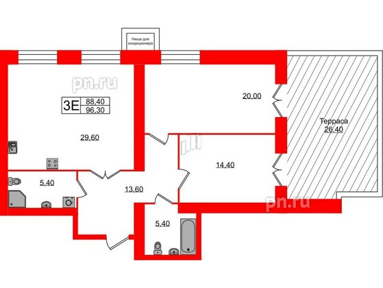 Квартира в ЖК Листва, 2 комнатная, 96.3 м², 12 этаж