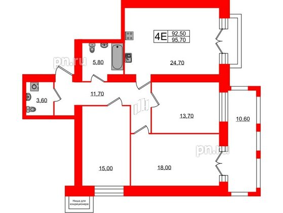 Квартира в ЖК Листва, 3 комнатная, 95.7 м², 3 этаж