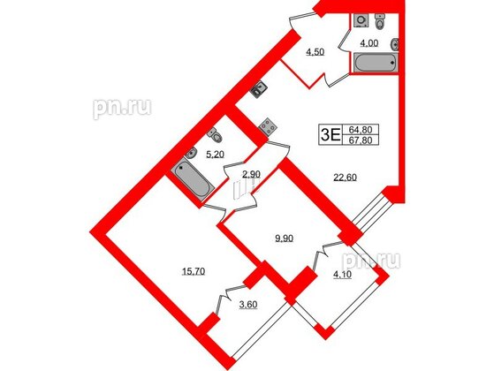 Квартира в ЖК Листва, 2 комнатная, 67.8 м², 12 этаж