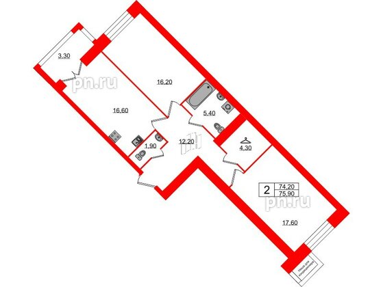 Квартира в ЖК Листва, 2 комнатная, 75.9 м², 3 этаж