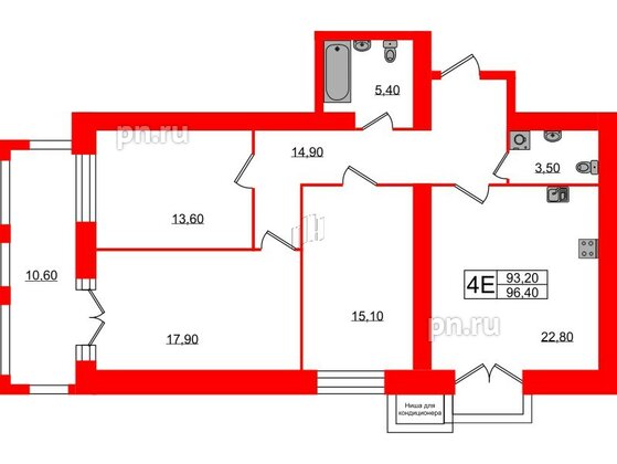 Квартира в ЖК Листва, 3 комнатная, 96.4 м², 6 этаж