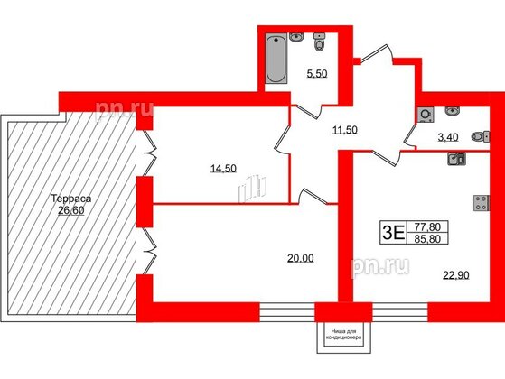 Квартира в ЖК Листва, 2 комнатная, 85.8 м², 12 этаж