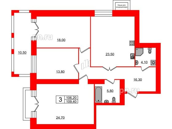 Квартира в ЖК Листва, 3 комнатная, 109.4 м², 3 этаж