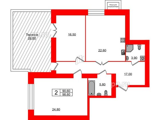 Квартира в ЖК Листва, 2 комнатная, 98.6 м², 12 этаж