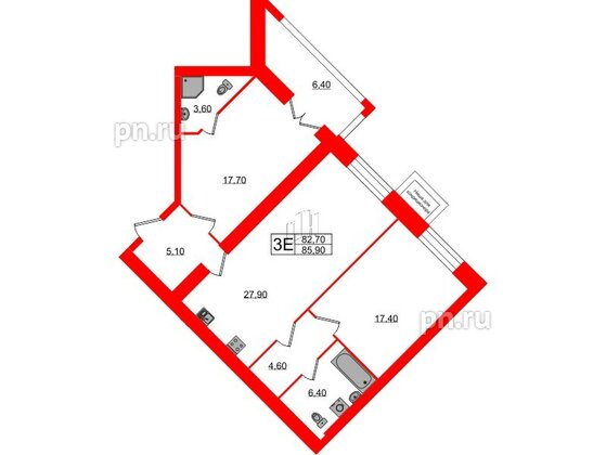 Квартира в ЖК Листва, 2 комнатная, 85.9 м², 12 этаж